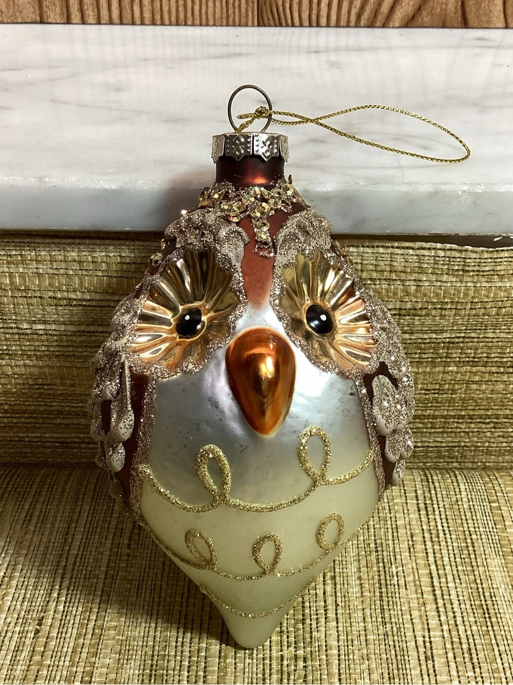 Robert Stanley Finial Glass Owl Christmas Ornament - Gold & Copper 5”